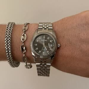 Y2K Silver Rhinestone Quartz Watch with Date Window Unisex 8.5" New